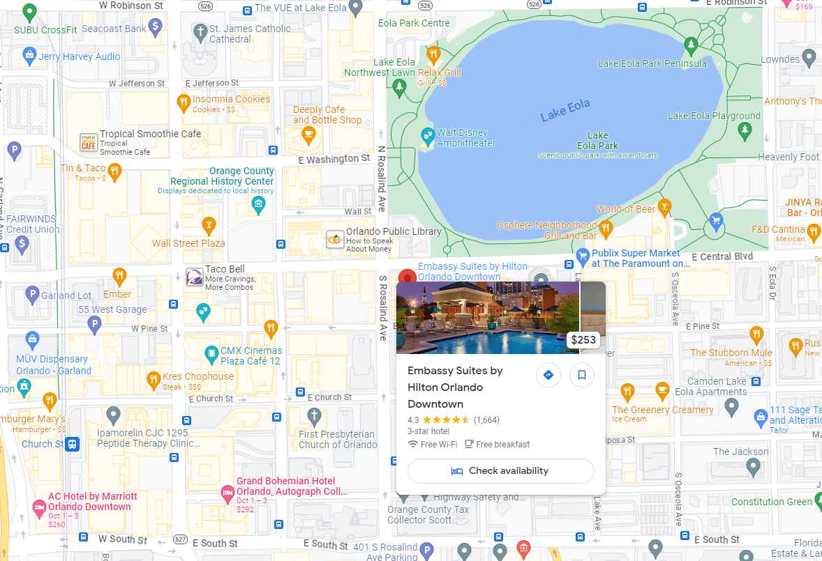 image of embassy suites in downtown orlando on google maps