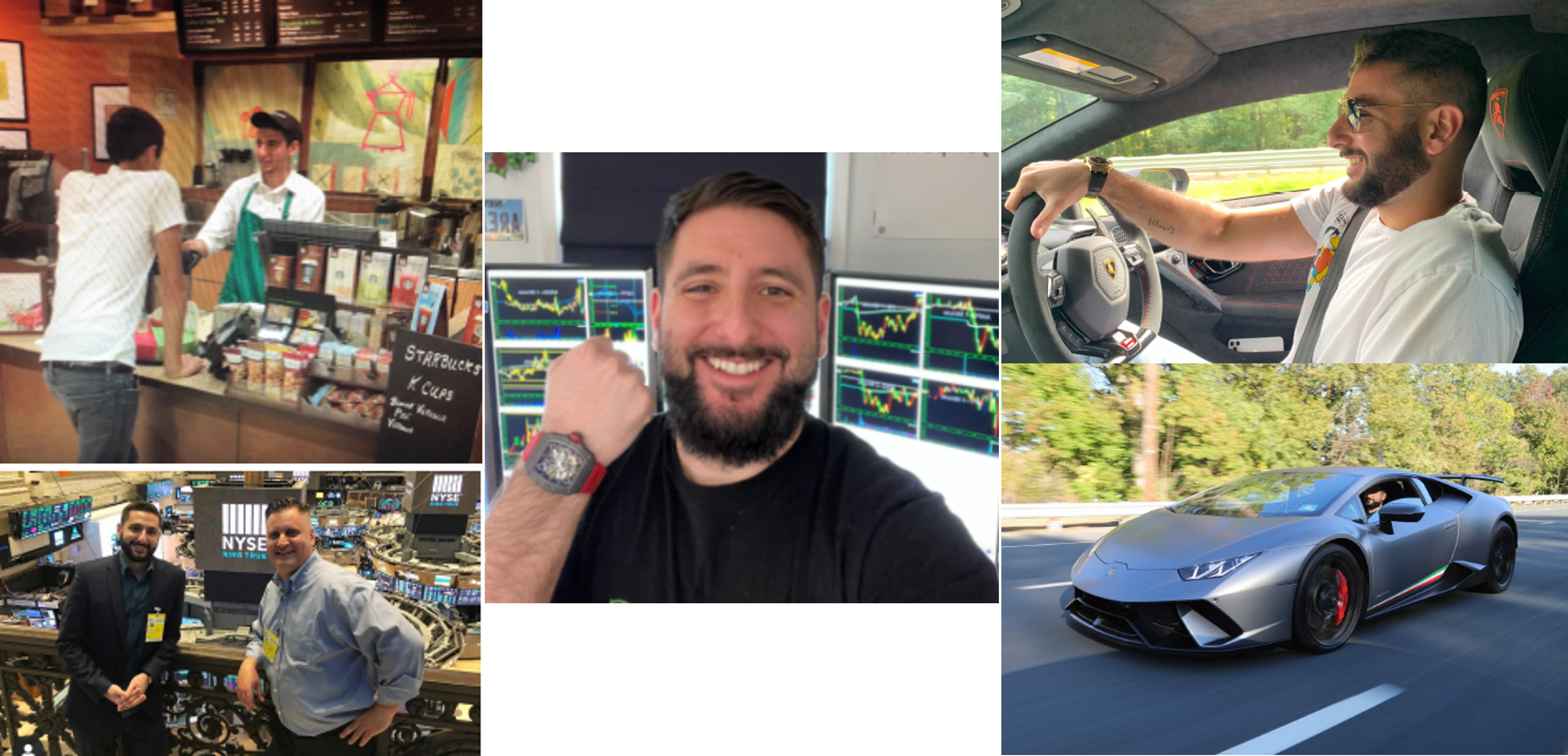 pictures of Alex Temiz as a barista at Starbucks, on the trading floor of the NYSE, in front of his monitors wearing his Richard Mille 35-02, and driving his Lamborghini