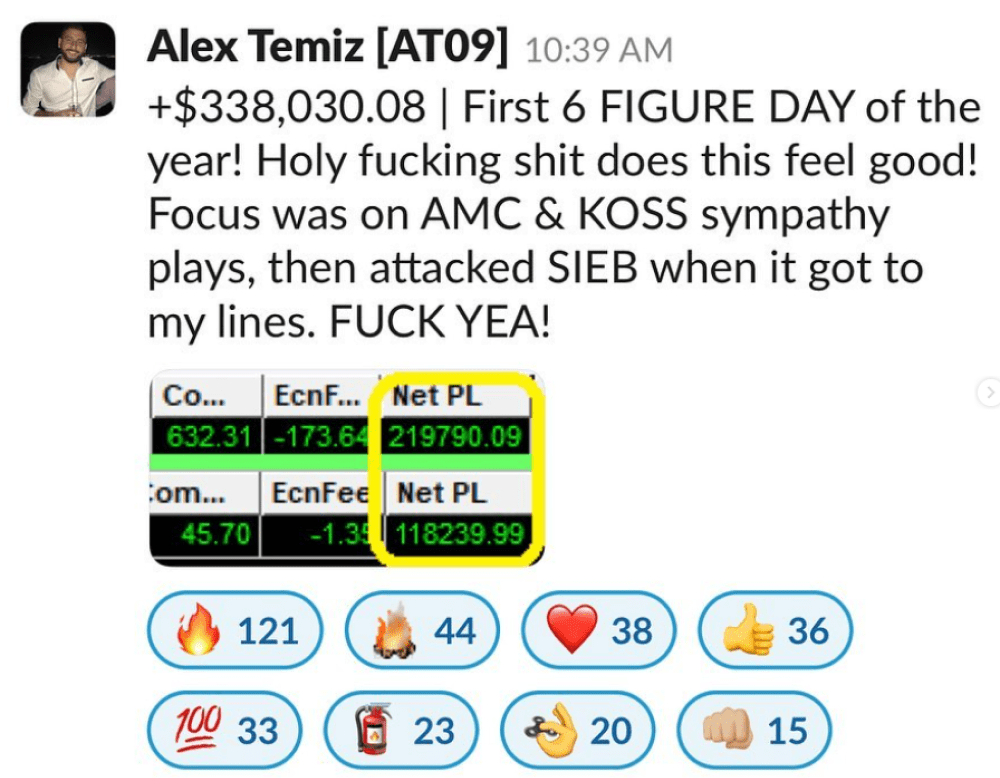 alex temiz p&l screenshot making $338,000 in one day from day trading AMC reddit stock