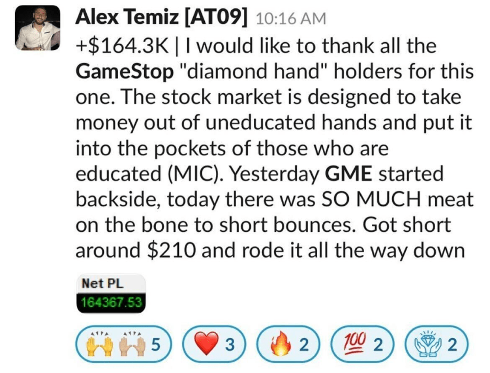alex temiz p&l screenshot for GameStop GME reddit stock